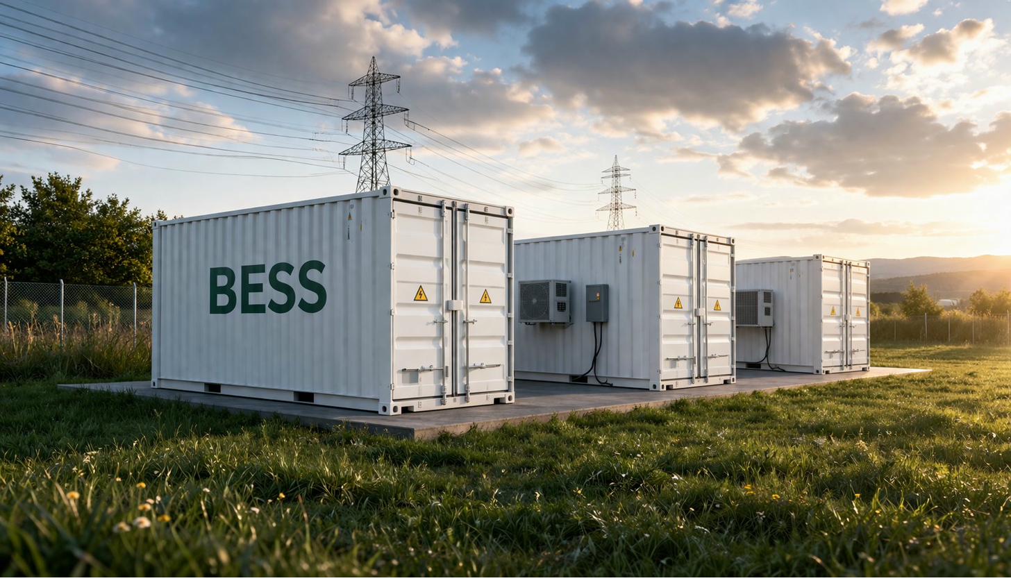 Fertig installierte BESS-Batteriespeicher-Container auf einer grünen Freifläche in Südwestdeutschland mit Hochspannungsmasten im Hintergrund