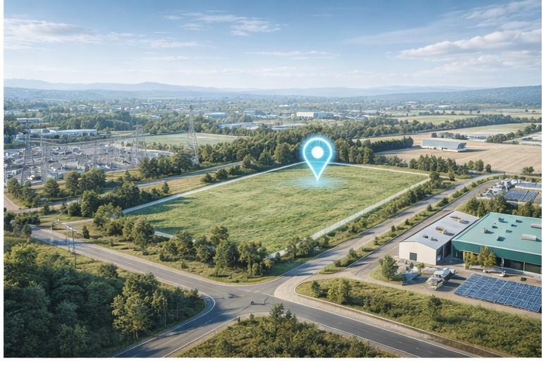 Luftaufnahme einer geeigneten Freifläche für ein Batteriespeicherprojekt in Südwestdeutschland — nahe Gewerbegebiet und Stromnetz